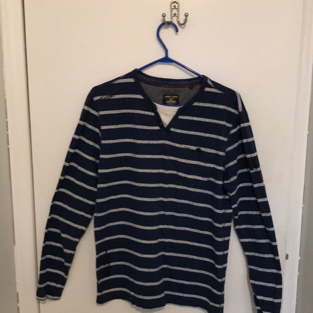 Point Zero Men’s Long Sleeve Shirt- Navy and Grey Stripes- Size Small